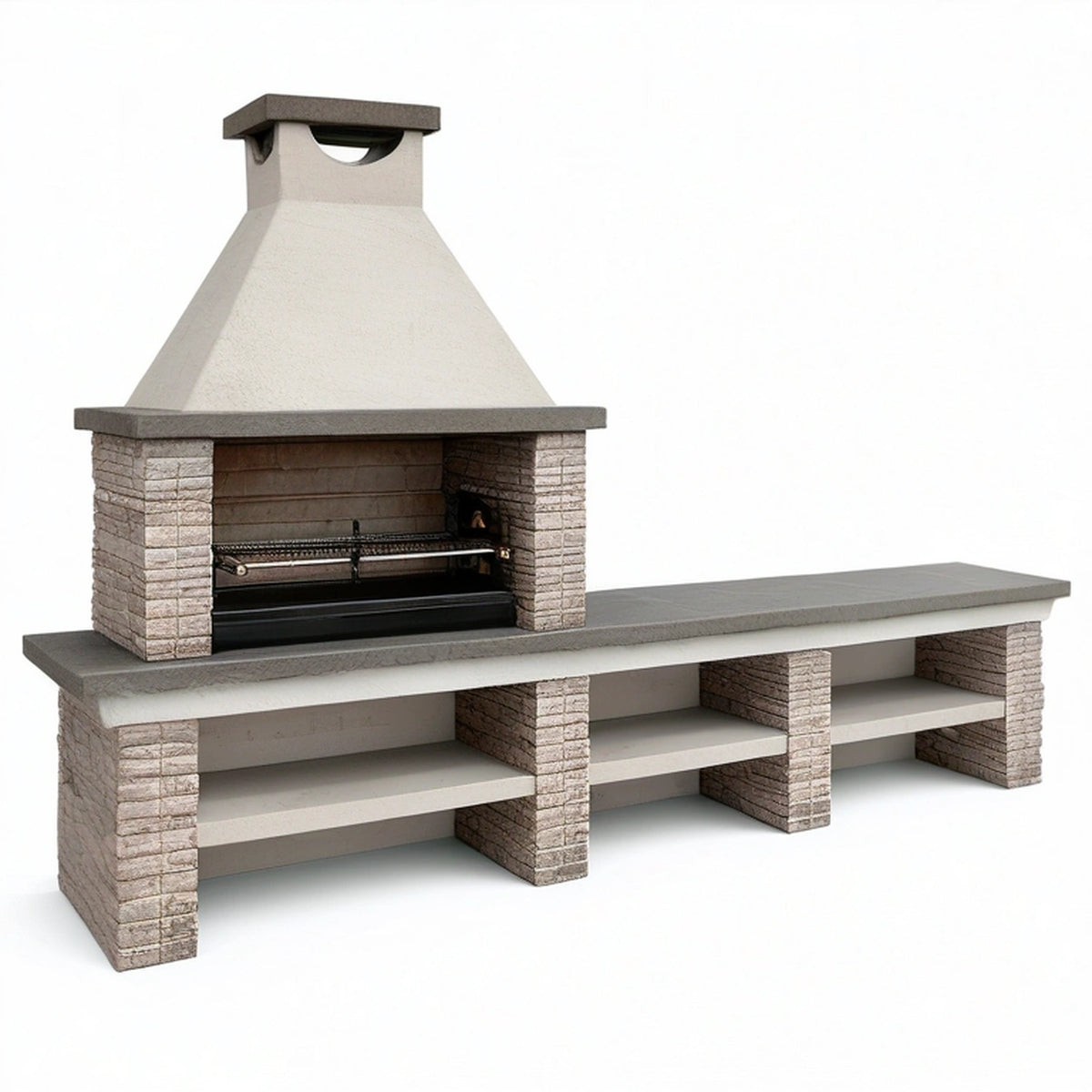 Barbecue de jardin 250 x 70 x 220 cm en pierre et béton gris avec plan de travail et grille réglable