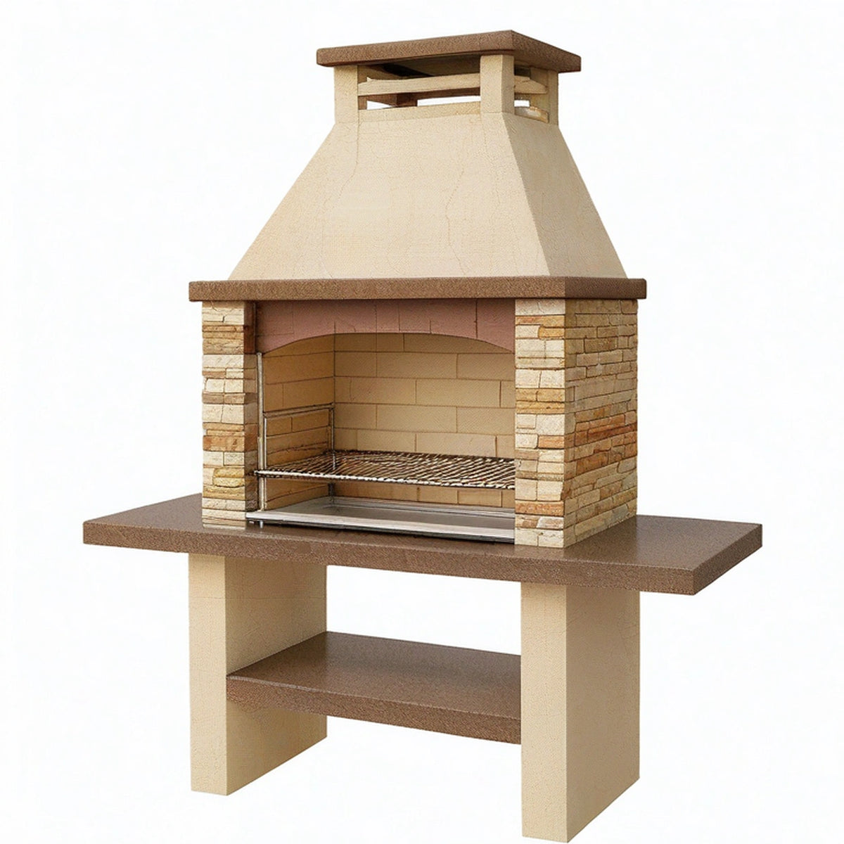 Barbecue extérieur 120 x 70 x 220 cm en pierre beige avec grille en acier style traditionnel
