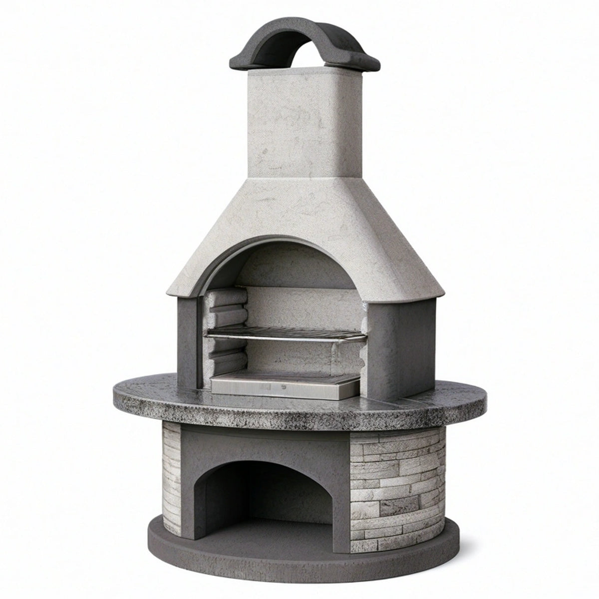 Barbecue de jardin diamètre 120 cm hauteur 220 cm en pierre grise avec grille et cheminée