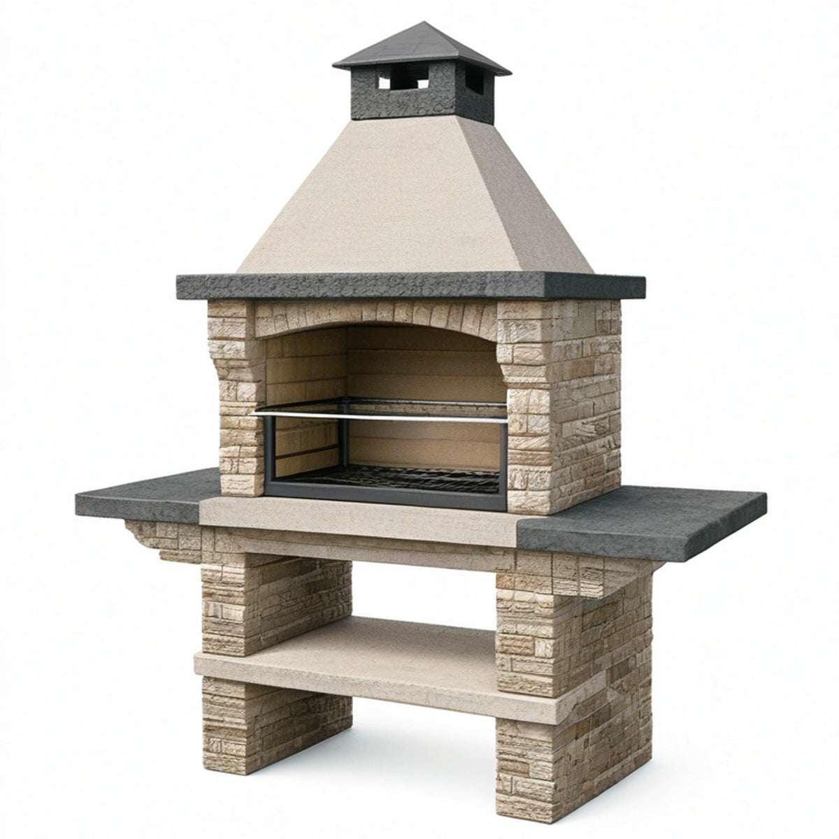 Barbecue de jardin 150 x 70 x 210 cm en pierre beige et grilles en métal style rustique