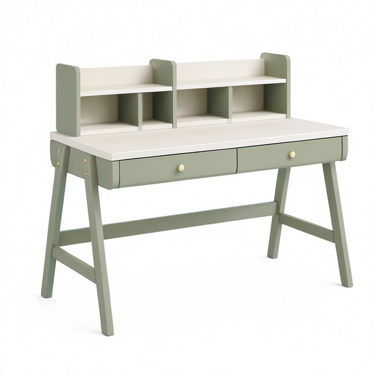 Bureau enfant 120 x 60 x 105 cm en bois vert sauge et blanc avec rangement style scandinave