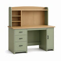 Bureau avec rangement 120 x 60 cm en panneaux de bois vert sauge et décor chêne style contemporain