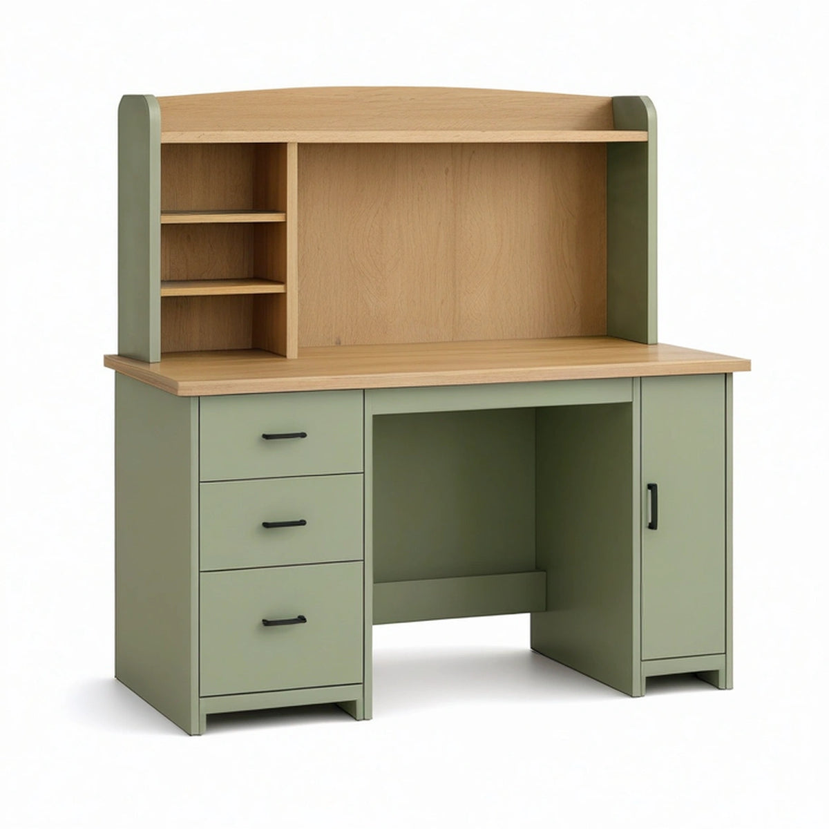 Bureau avec rangement 120 x 60 cm en panneaux de bois vert sauge et décor chêne style contemporain