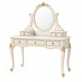 Coiffeuse 120 x 45 x 150 cm en bois blanc et doré avec miroir ovale et rangements classique
