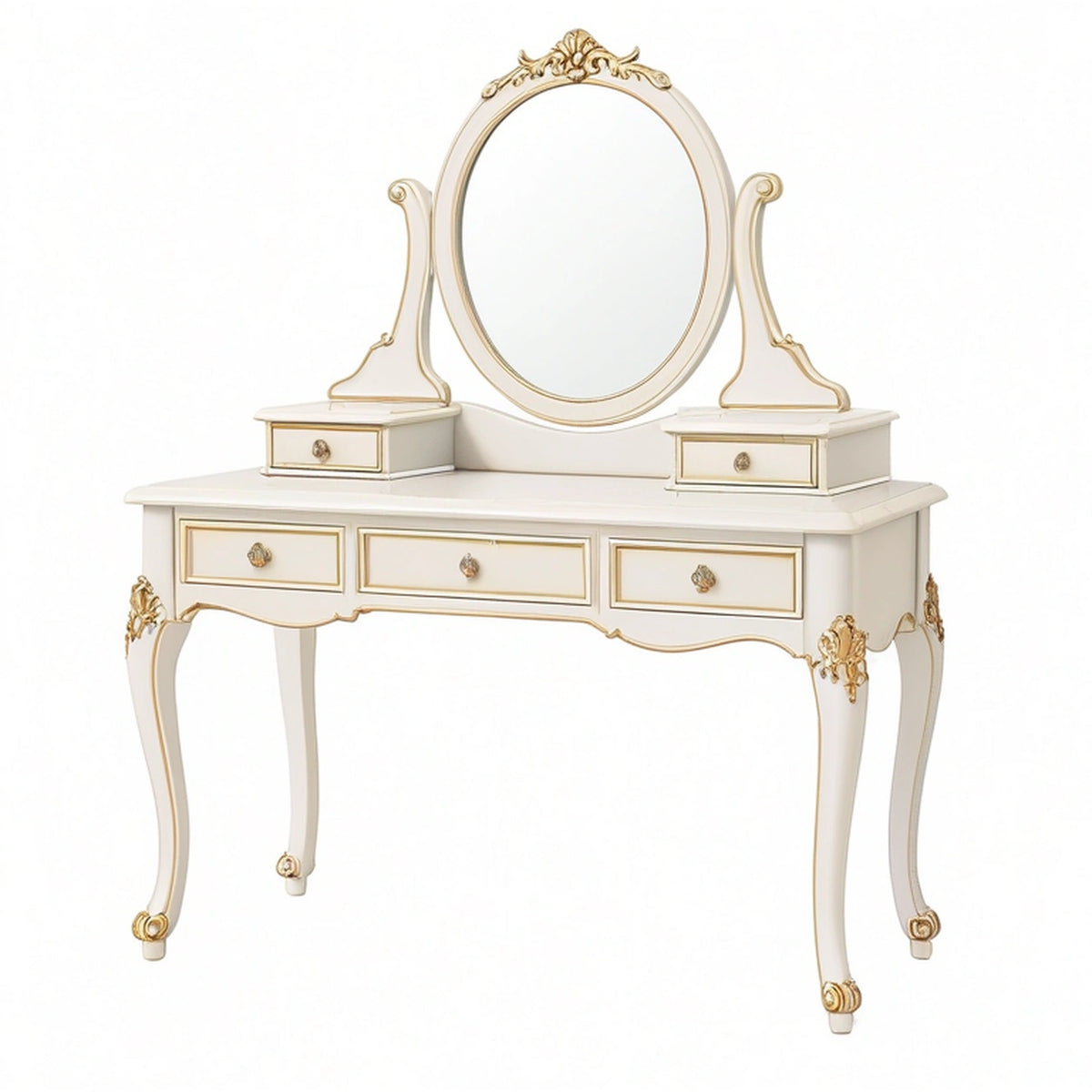Coiffeuse 120 x 45 x 150 cm en bois blanc et doré avec miroir ovale et rangements classique