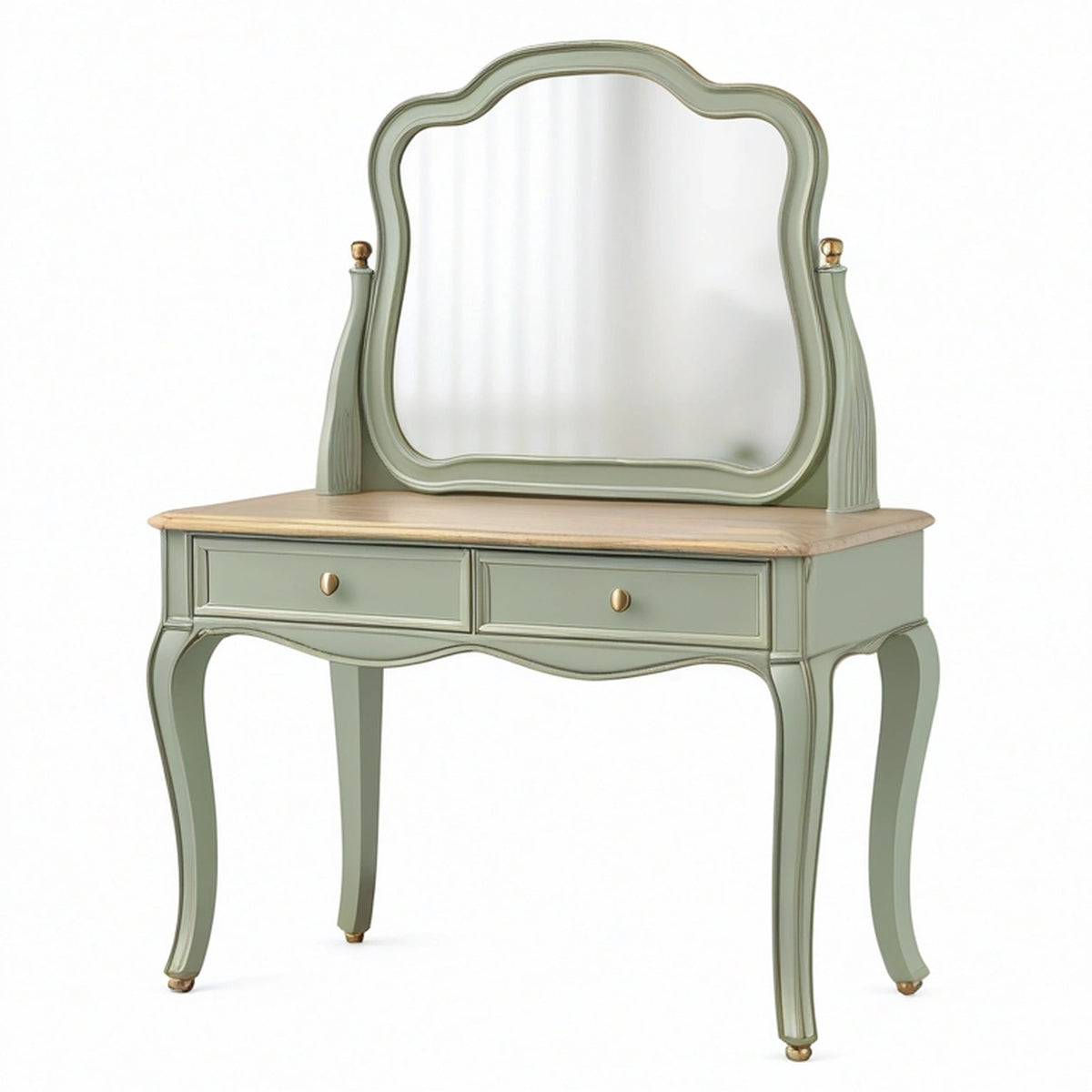 Coiffeuse 100 x 45 x 150 cm en bois vert sauge avec miroir et 2 tiroirs style classique