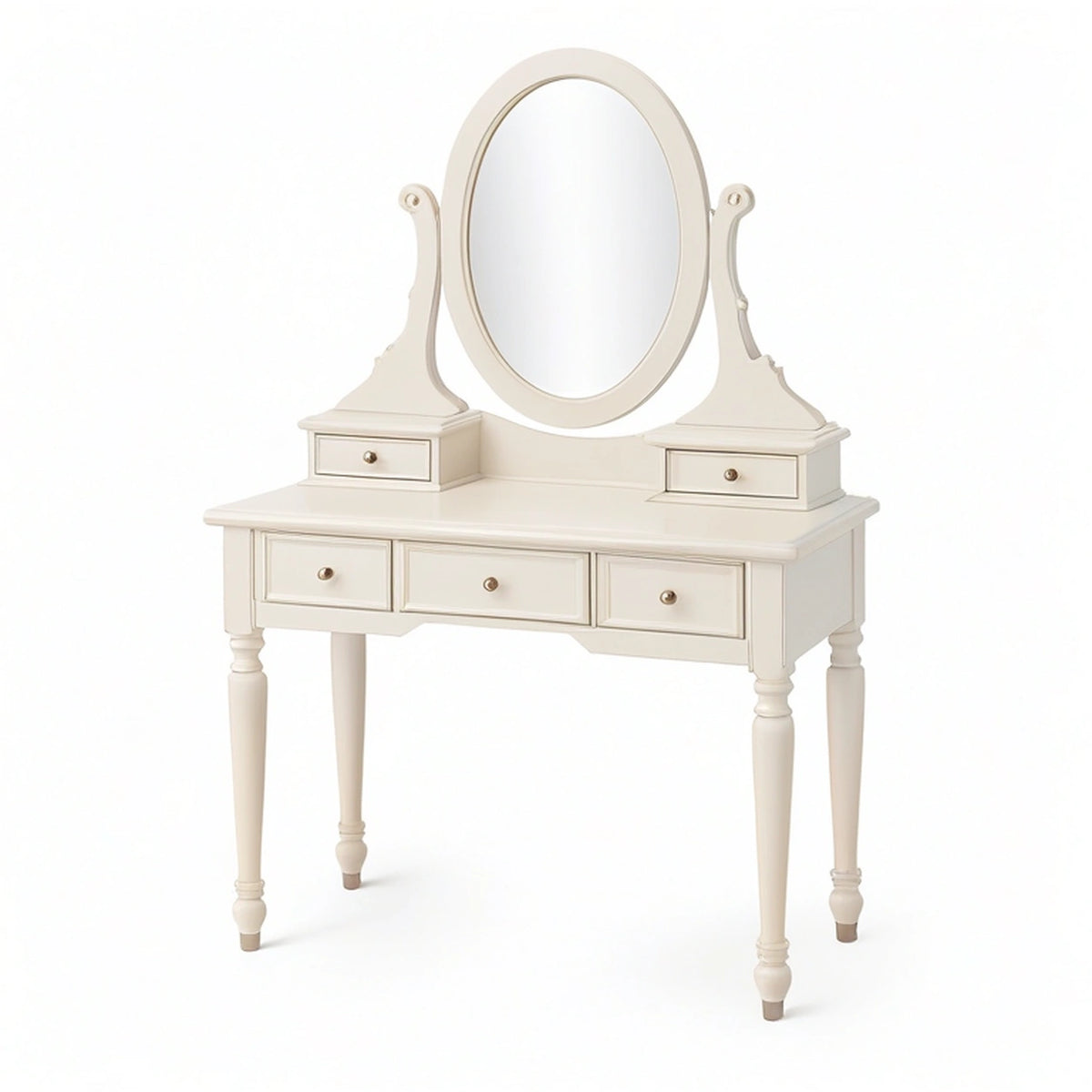 Coiffeuse 100 x 45 x 150 cm en bois blanc avec miroir ovale et 5 tiroirs style classique