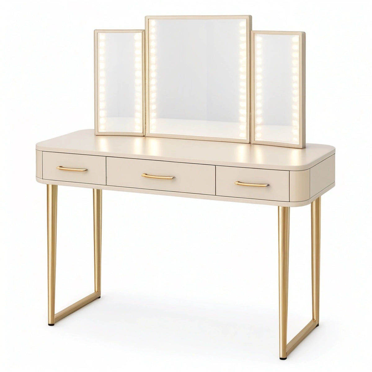 Coiffeuse 120 x 45 x 140 cm avec miroir triptyque éclairé crème et doré