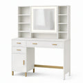 Coiffeuse 120 x 50 x 180 cm blanche en panneaux de bois avec miroir éclairé et rangements