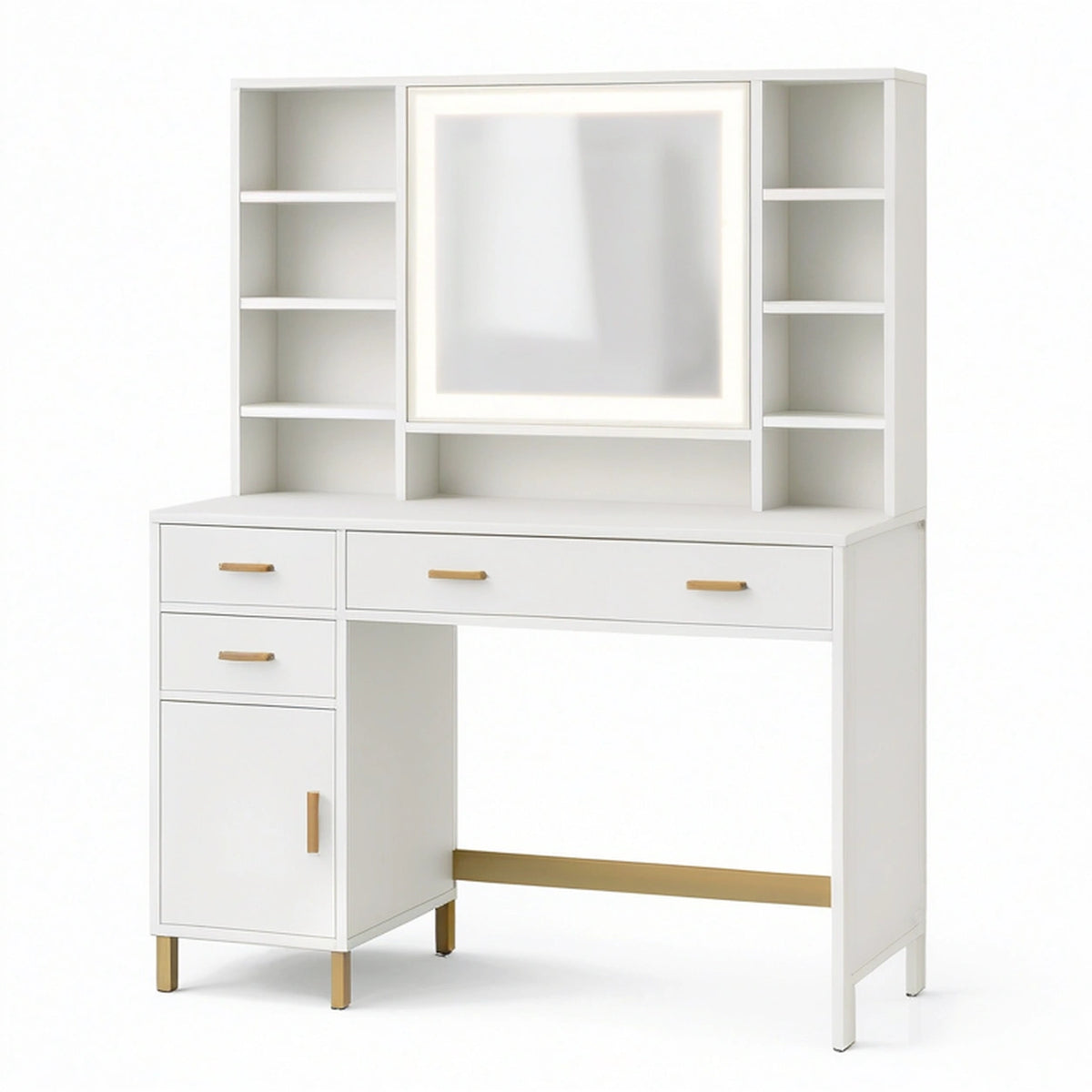 Coiffeuse 120 x 50 x 180 cm blanche en panneaux de bois avec miroir éclairé et rangements