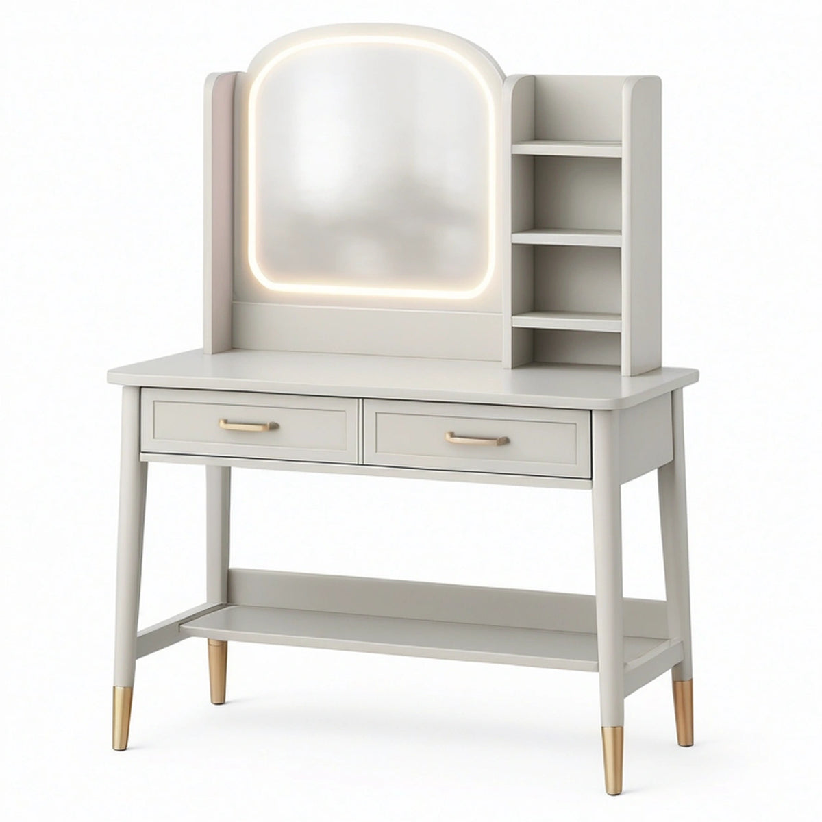 Coiffeuse 100 x 45 x 140 cm beige avec miroir lumineux et rangement style contemporain
