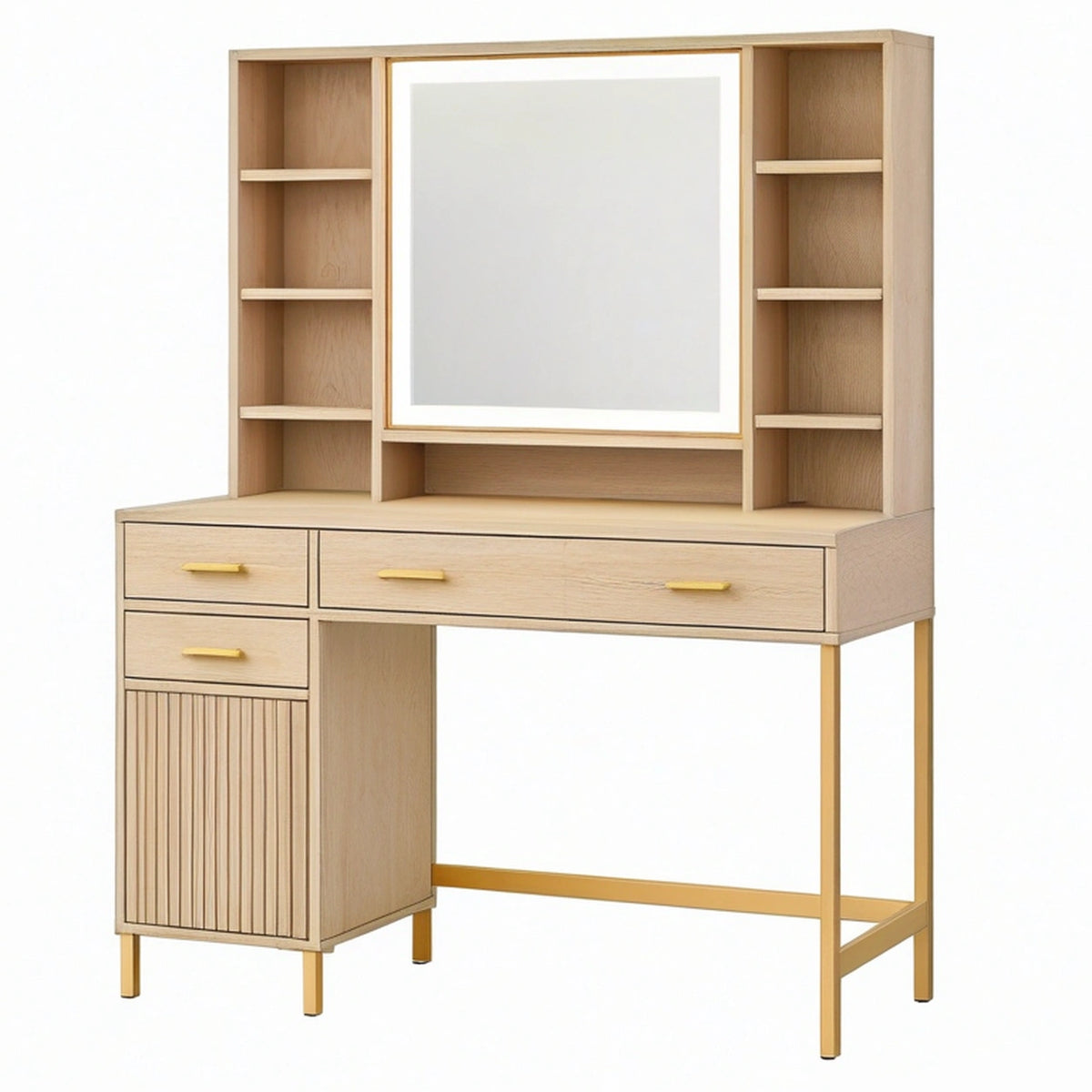Coiffeuse 120 x 50 x 180 cm en bois chêne clair avec miroir lumineux et rangements style contemporain