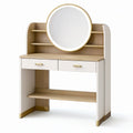 Coiffeuse 100 x 40 x 150 cm blanche et bois avec miroir rond et rangements