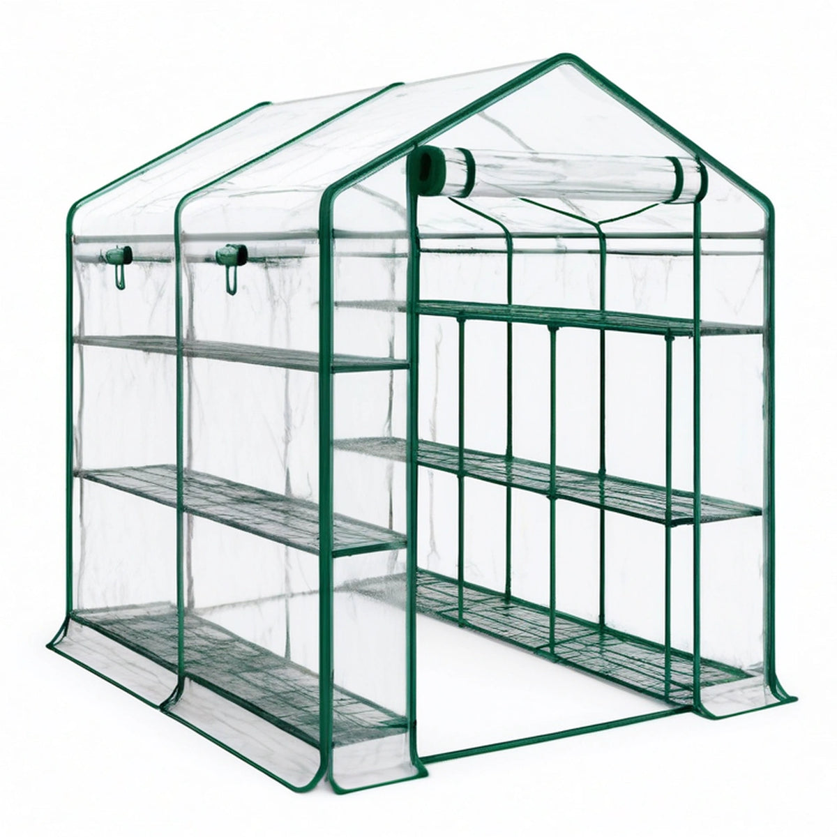 Serre de jardin 143 x 143 x 195 cm en acier et PVC transparent vert avec étagères