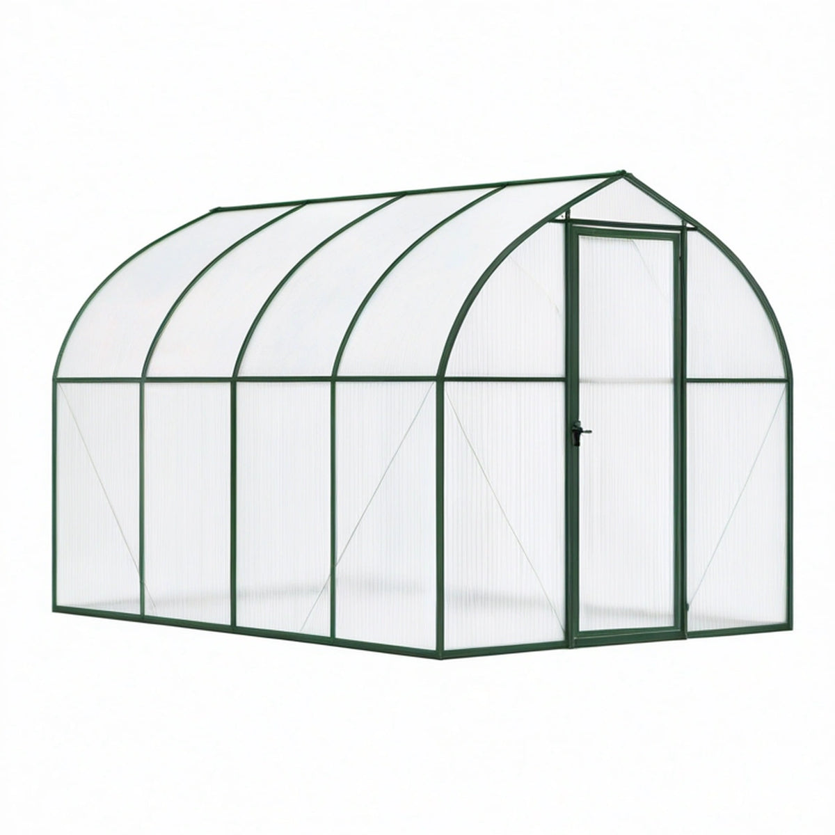 Serre de jardin 300 x 190 x 195 cm en aluminium vert et panneaux transparents - structure arquée avec porte