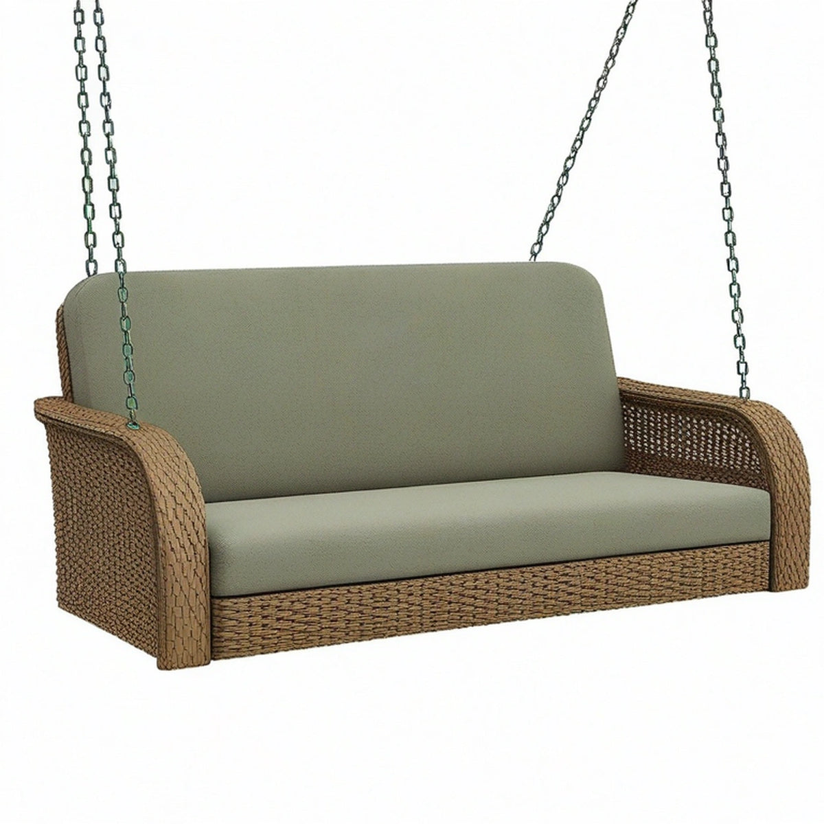 Banquette suspendue 130 x 70 x 65 cm en fibre tressée marron avec coussins vert sauge pour extérieur