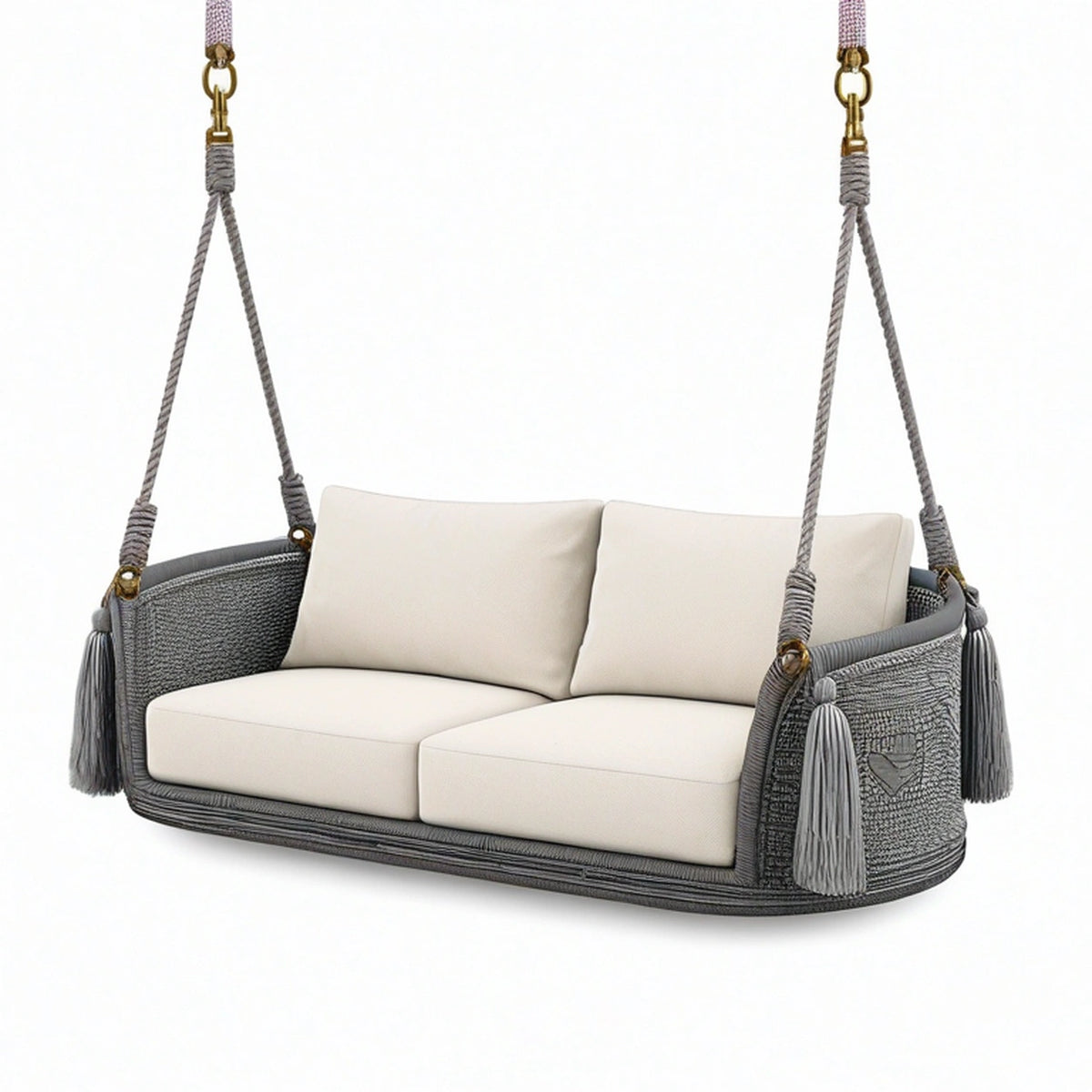 Balancelle suspendue 2 places 150 x 75 x 120 cm en corde grise et tissu beige style bohème