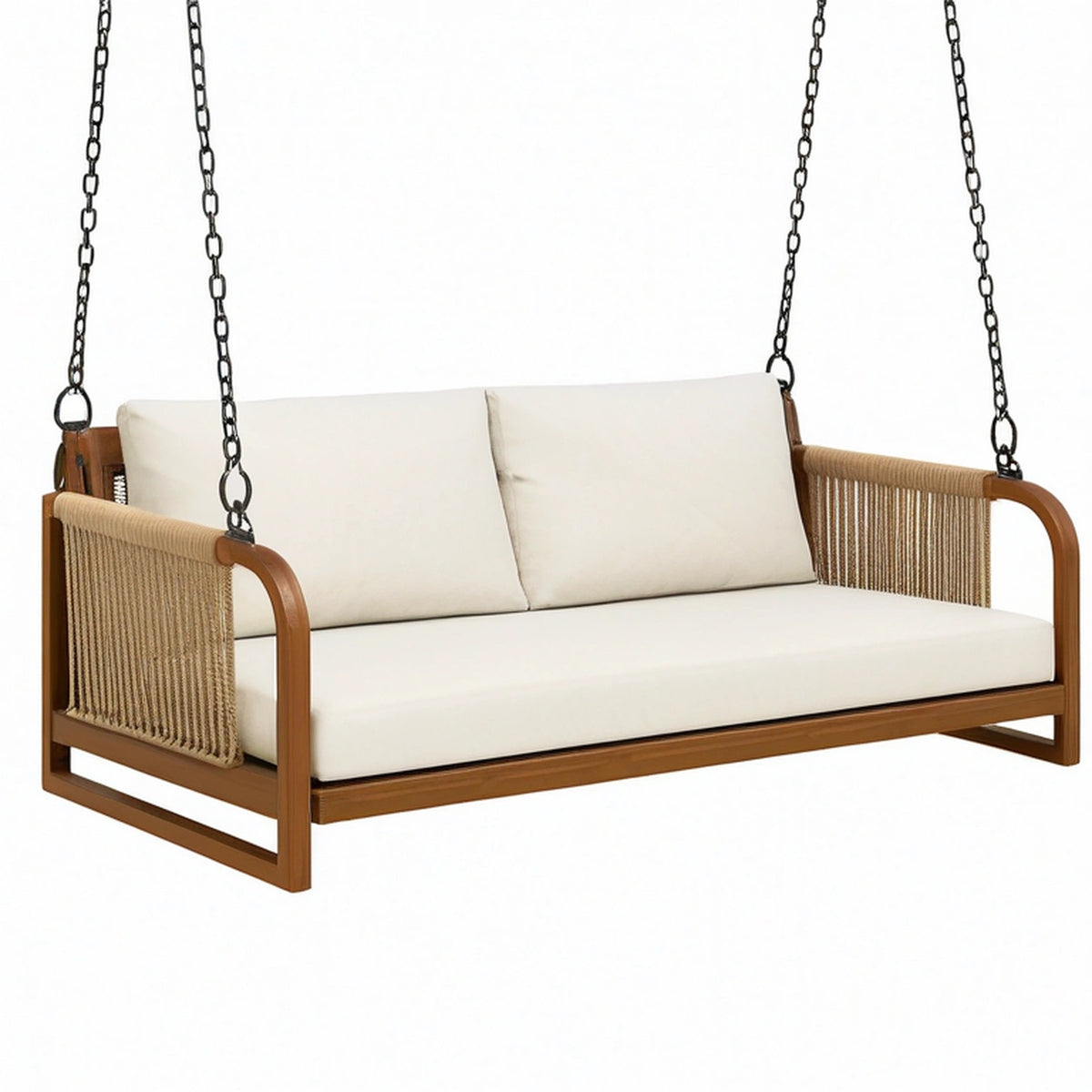 Balancelle suspendue 2 places 140 cm en bois brun et corde écru pour extérieur